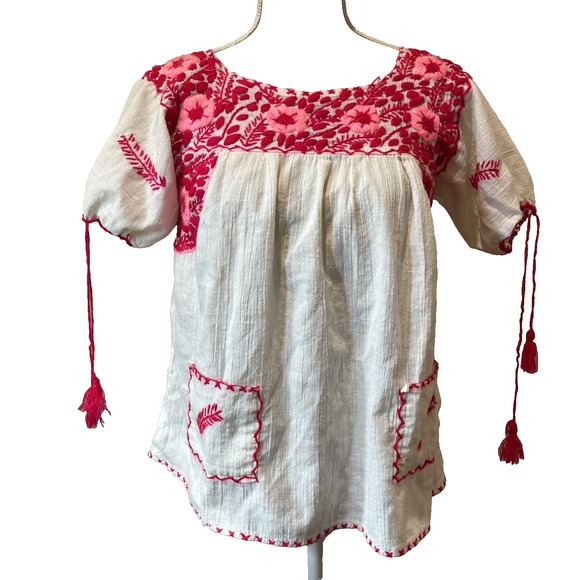 Handmade Other - Vintage Hand-Embroidered Girls XL Linen Shirt Hispanic Gauzy Pockets Pink White